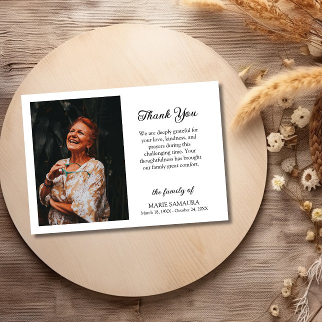 Modern White Black Script Photo Funeral  Thank You Card (Creator Uploaded)