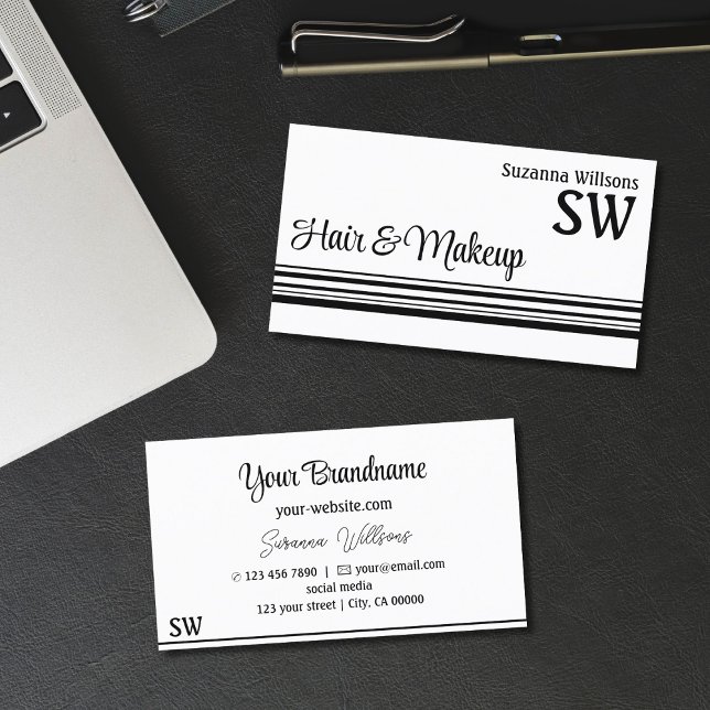 Modern White Black Stripes with Monogram Stylish Business Card (Creator Uploaded)