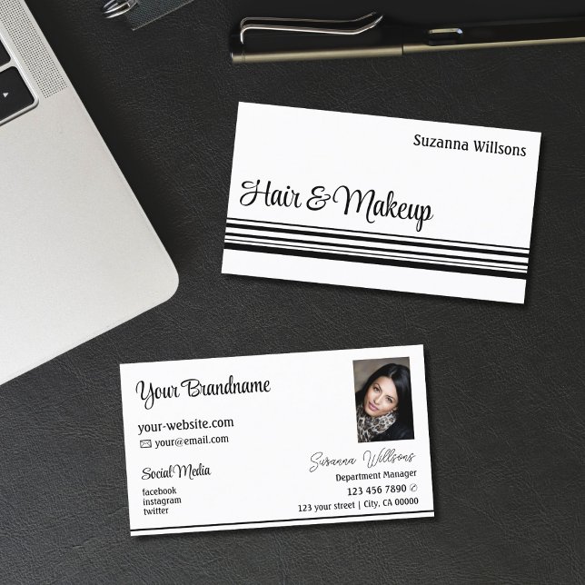 Modern White Black Stripes with Photo Professional Business Card (Creator Uploaded)