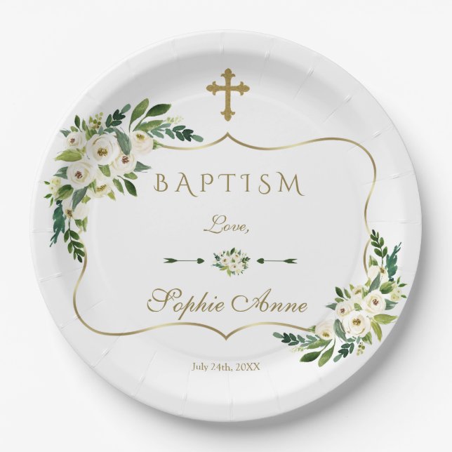 Modern White Blooming Floral Girl Baptism Paper Plate (Front)