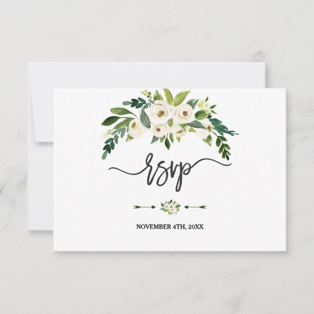 Modern White Blooming Floral Handwriting RSVP (Front)