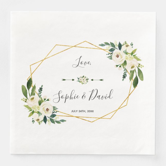 Modern White Blooming Floral Handwriting Wedding Napkin (Front)