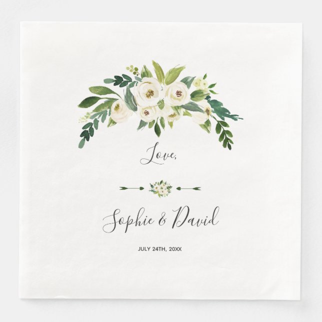 Modern White Blooming Floral Handwriting Wedding Napkin (Front)