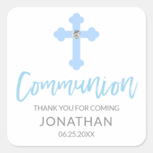 Modern White Blue Cross COMMUNION Boy Thank You Square Sticker