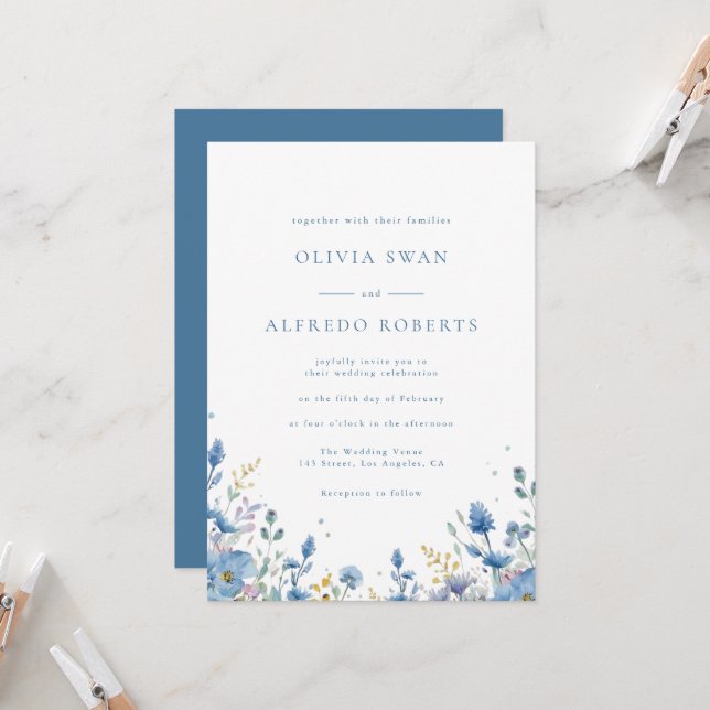 Modern White Blue Floral Wedding Invitation (Front/Back In Situ)