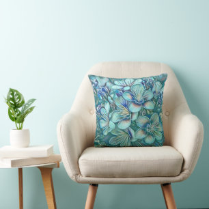 Modern White Blue Green Cherry Blossom Watercolor  Cushion
