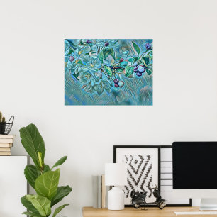 Modern White Blue Green Cherry Blossom Watercolor  Poster