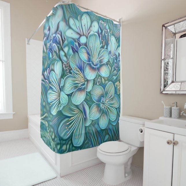 Modern White Blue Green Cherry Blossom Watercolor  Shower Curtain (In Situ)
