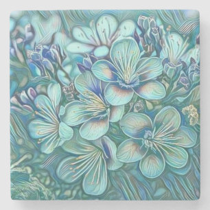 Modern White Blue Green Cherry Blossom Watercolor Stone Coaster