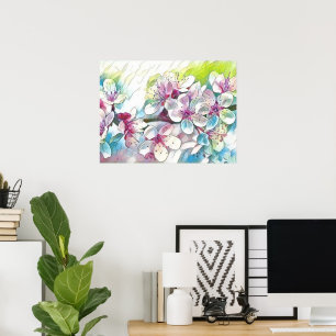 Modern White Blue Pink Cherry Blossom Watercolor Poster