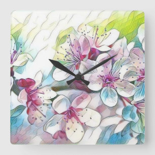 Modern White Blue Pink Cherry Blossom Watercolor Square Wall Clock