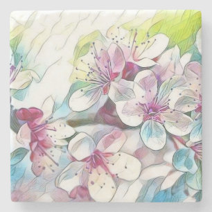 Modern White Blue Pink Cherry Blossom Watercolor   Stone Coaster