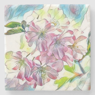Modern White Blue Pink Cherry Blossom Watercolor   Stone Coaster