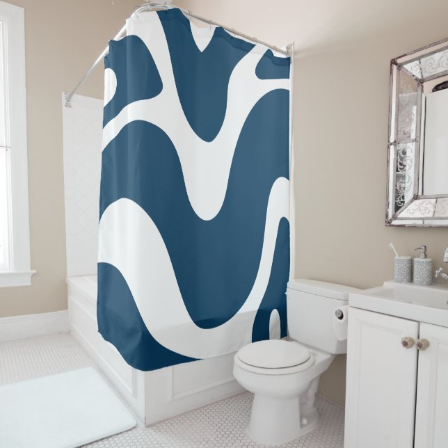Modern white &blue shower curtain (In Situ)