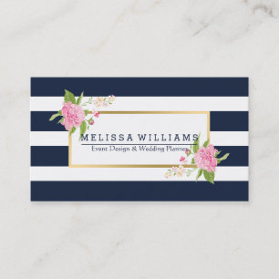 Modern White & Blue Stripes Gold & Floral Accent Business Card