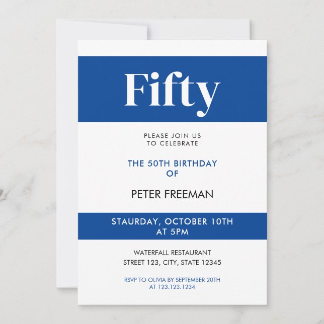 Modern White & Blue Typography 50th Birthday Invitation (Front)