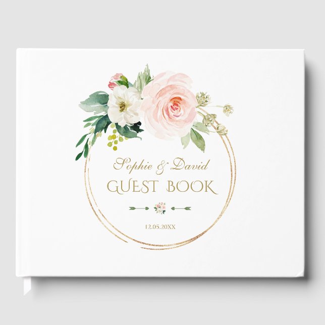 Modern White Blush Flowersl Gold Wedding Guest Book (Front)