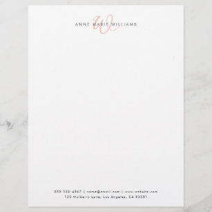 Modern White Blush Pink Script Monogram Custom Letterhead