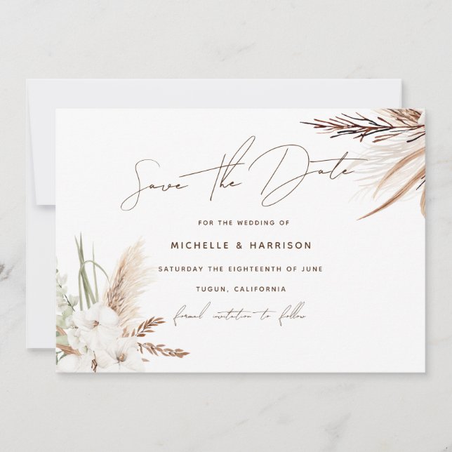 Modern White Bohemian Floral Wedding Save The Date (Front)