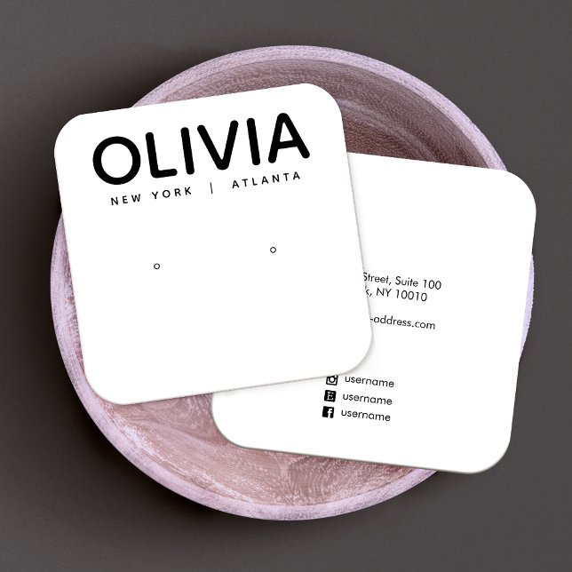 Modern White Bold Typography  Earring Display Square Business Card (Creator Uploaded)