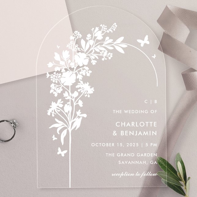 Modern White Botanical Butterfly Arch Wedding Acrylic Invitations (Creator Uploaded)