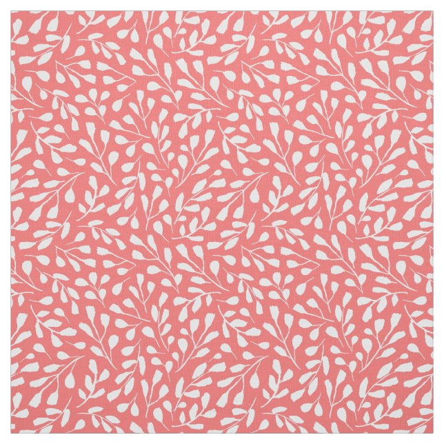 Modern White Botanical Leaf Pattern Coral Pink Fabric (Swatch)