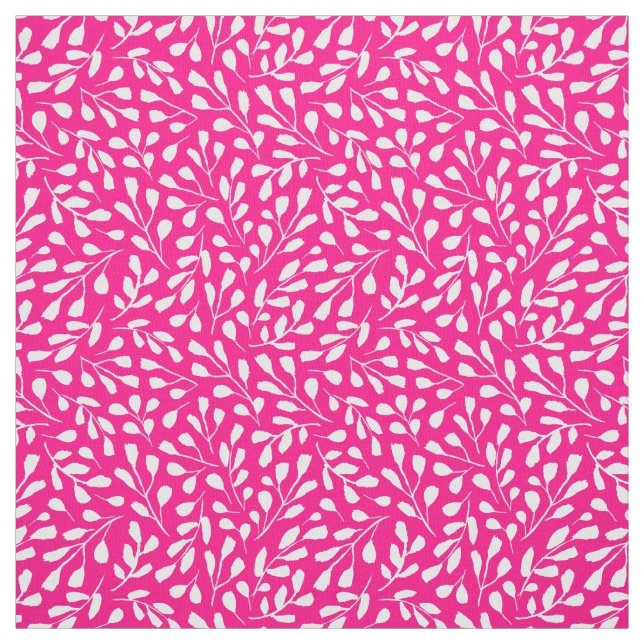 Modern White Botanical Leaf Pattern Hot Pink Fabric (Swatch)