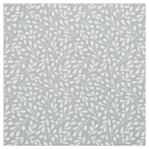 Modern White Botanical Leaf Pattern on Light Grey Fabric