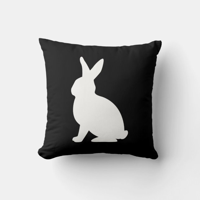Modern White Bunny Silhouette On Black Easter Cushion (Front)