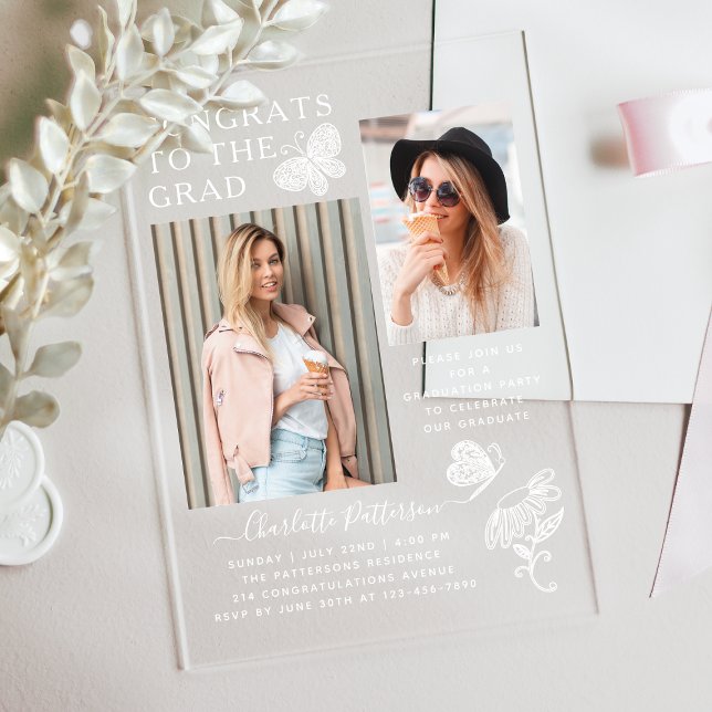 Modern White Butterfly Photo Graduation Party Acrylic Invitations (Creator Uploaded)