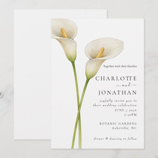 Modern White Calla Lilie Flower Wedding Invitation (Front/Back)