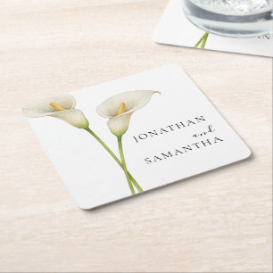 Modern White Calla Lilie Flower Wedding Square Paper Coaster