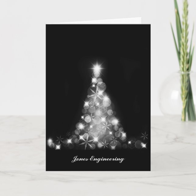 Modern White Christmas Tree Graphic on Black Holiday Card (Front)