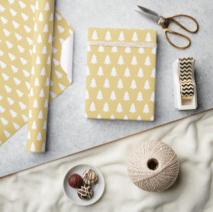 Modern White Christmas Tree pattern on Yellow Wrapping Paper