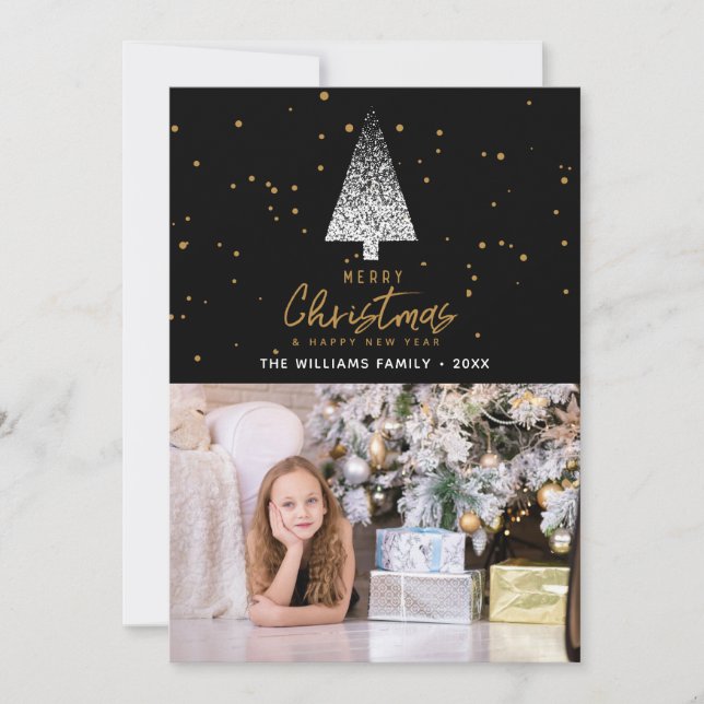 Modern White Christmas Tree Photo Holiday Card (Front)