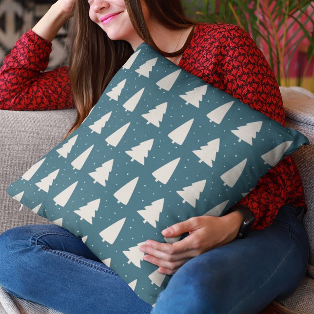 Modern White Christmas Trees teal holidays Cushion (Creator Uploaded)