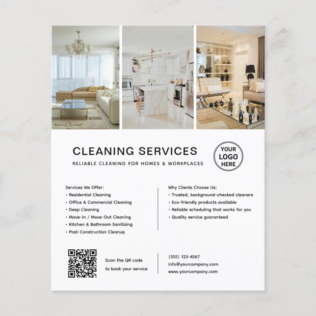 Modern White Cleaning Services QR Business Flyer (Front)