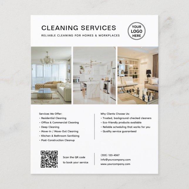 Modern White Cleaning Services QR Business Flyer (Front)