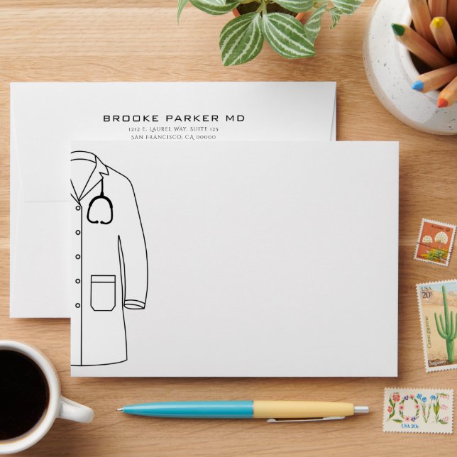 Modern White Coat Doctor Preprinted Return Address Envelope (Desk)