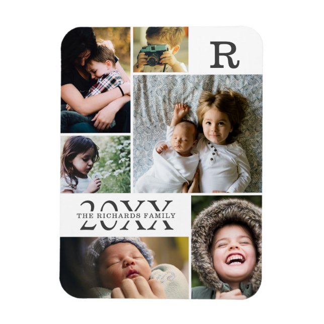 Modern White Colour Block Family 6 Photo Collage Magnet (Vertical)