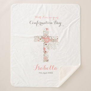 Modern white confirmation floral cross name sherpa blanket