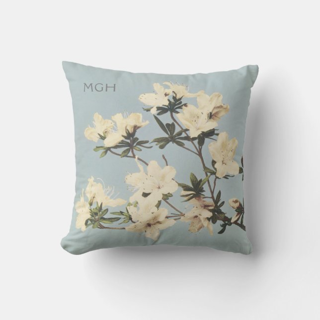 Modern White Cream Azalea Flowers Monogram Cushion (Front)