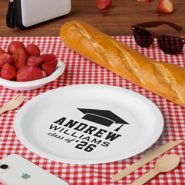 Modern White Custom Graduation Party Paper Plate (Picnic)