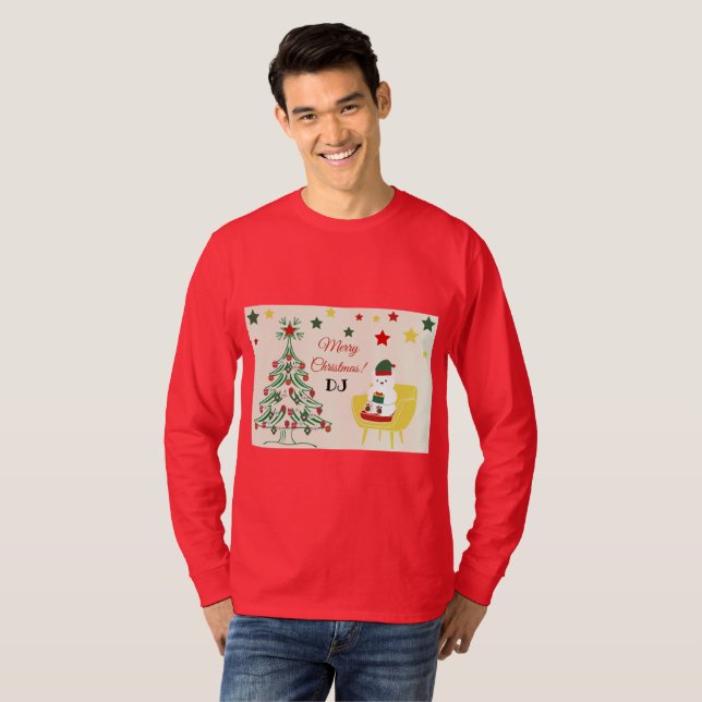 Modern White Cute Bear Monogram Merry Christmas T-Shirt (Front Full)