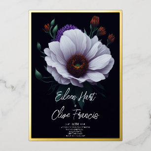 Modern White Daisy Dark Winter Gold Border Wedding