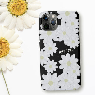 Modern White Daisy Flower Pattern Name Black Case-Mate iPhone Case