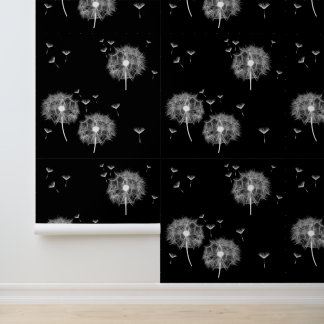 Modern White Dandelions on Black  Wallpaper