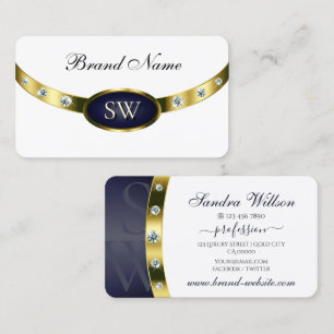 Modern White Dark Blue and Gold with Monogram Business Card