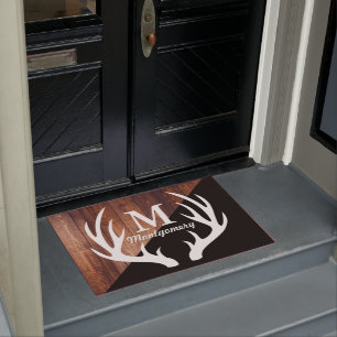 Modern White Deer Antlers Wood Planks & Black Doormat