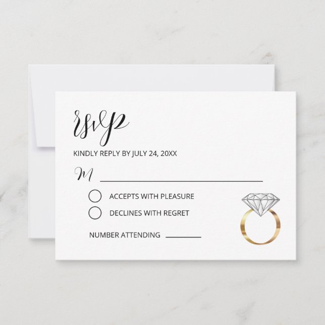 Modern White Diamond Ring Wedding RSVP Card (Front)